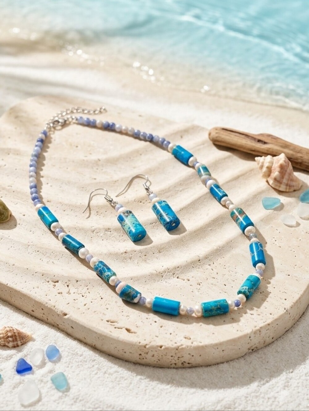 Blue Jasper, Sodalite & Freshwater Pearl Ocean Wave Necklace & Earrings Set